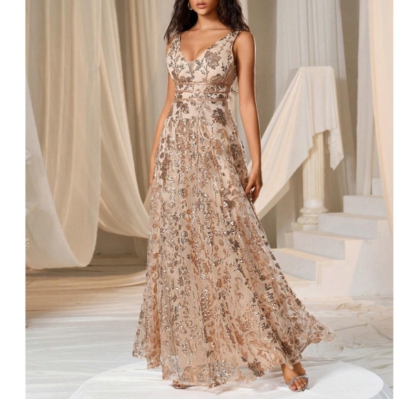 Luxe Floral Sequin Mesh Formal Black Tie Wedding Dress - Picture 5 of 12